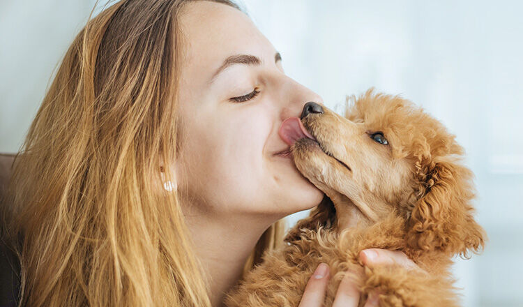Young girl kissing her good friend dog . Background.
